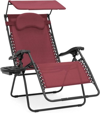 A product shot of a maroon camping chair that's partially reclined with a canvas canopy above to shield from the sun.