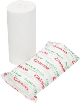 A product shot on a white background of a roll of Coghlan's toilet tissue and the green and red packet lying next to it.