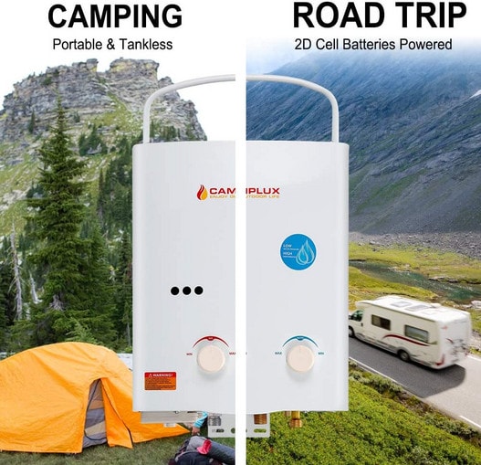 A split image with an orange tent set up in one next to a tree and a camper driving on a road next to mountains in the other. Showing the Camplux can be used for both camping and road trips.