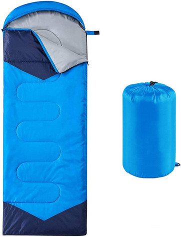 Product shots of a bright blue sleeping bag with a navy bottom and hood (slightly unzipped to show the grey interior) and a bright blue carrying case next to it.