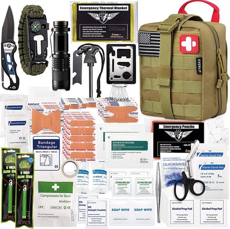 Product shots of what the EVERLIT medical kit contains, including:BandagesAntiseptic wipesWound dressingsMedical scissorsMetal tweezers An emergency blanketParacord braceletDisposable poncho