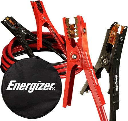 Red and black jumper cables with a circular black carrying case that says Energizer on the front.