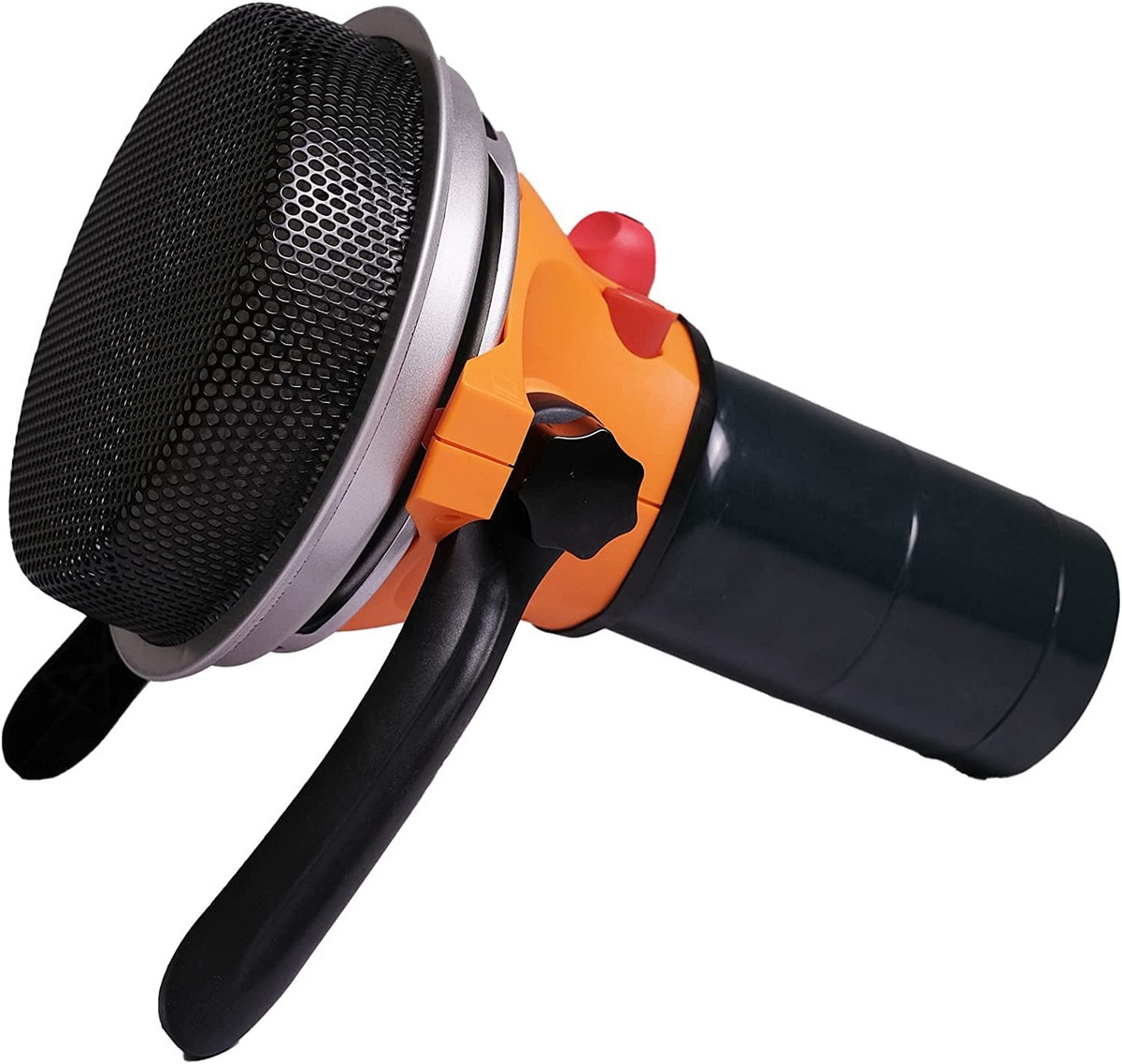 This orange and black microphone-shaped heater has protective netting and two stands on either side to alter the angle it sits at.