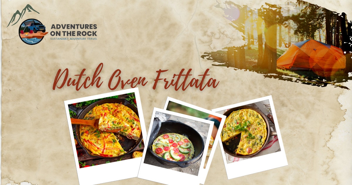 Image with a beige parchment background and three polaroid images of Dutch Oven Frittata