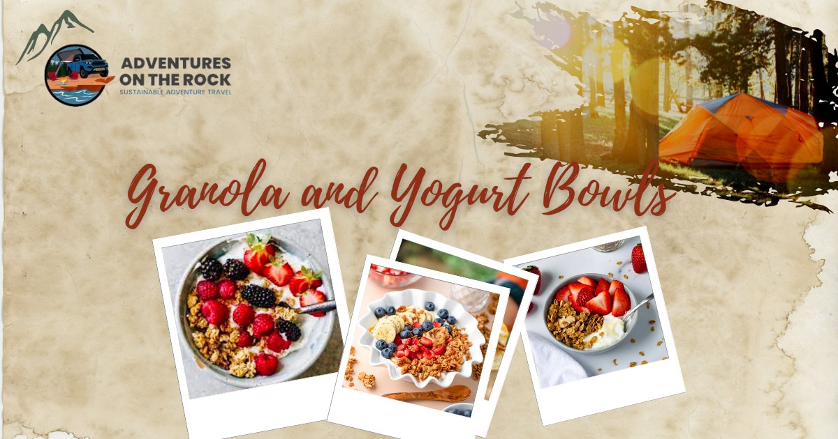 Image with a beige parchment background and three polaroid images of Granola and Yogurt Bowls