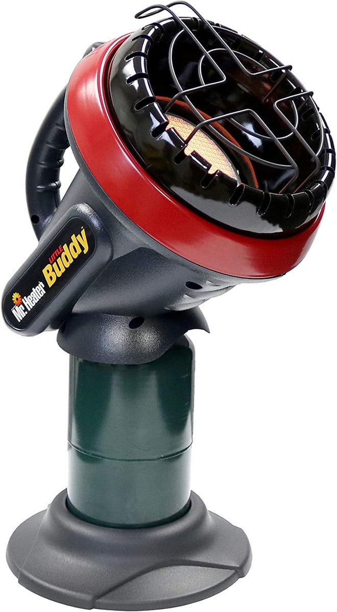 This portable black and red tent heater looks like a 1950s-style microphone on a stand.