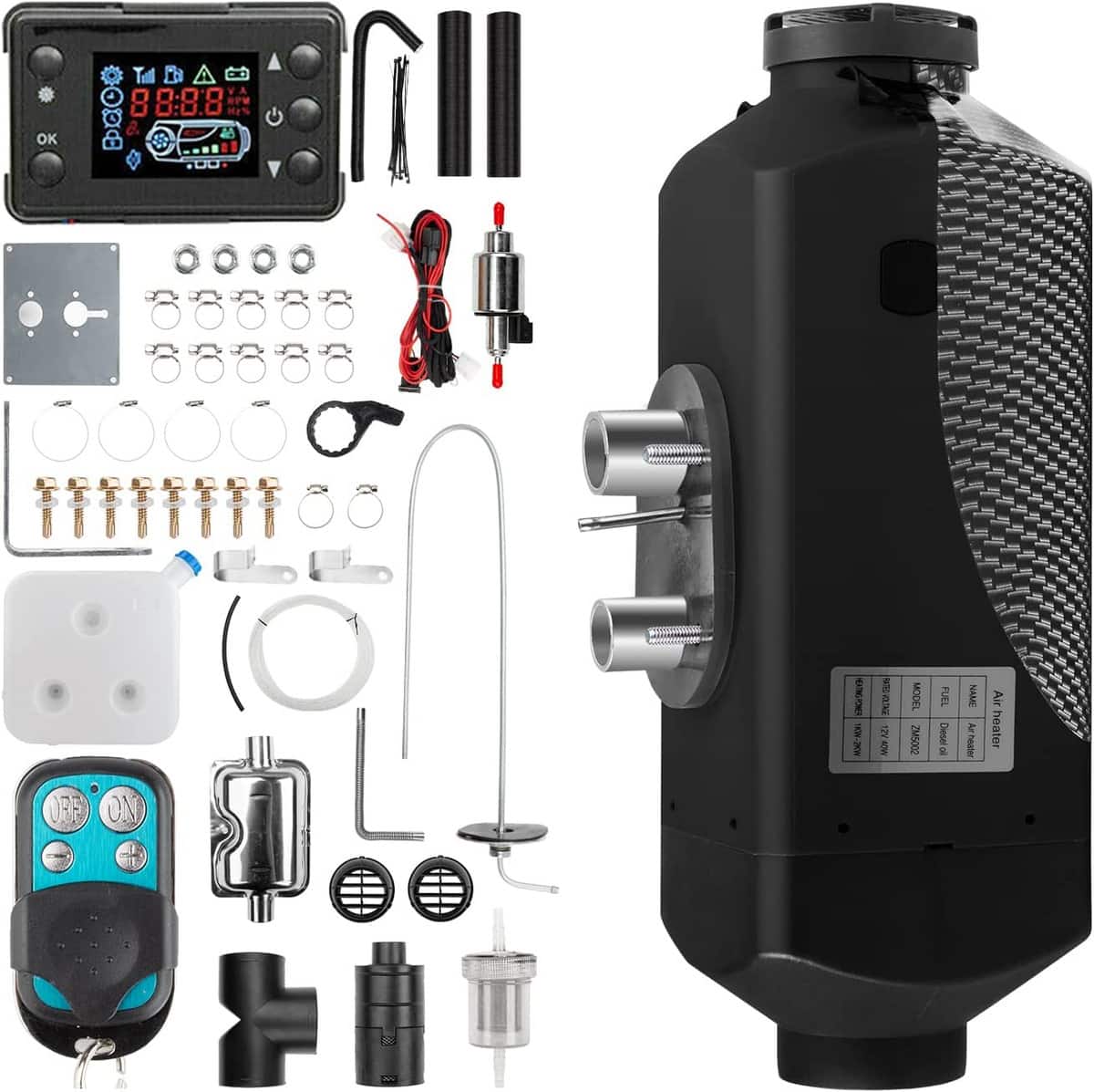 A black and silver unit with two pipes jutting out of the side is laid out with a wiring kit and all the installation parts next to it.