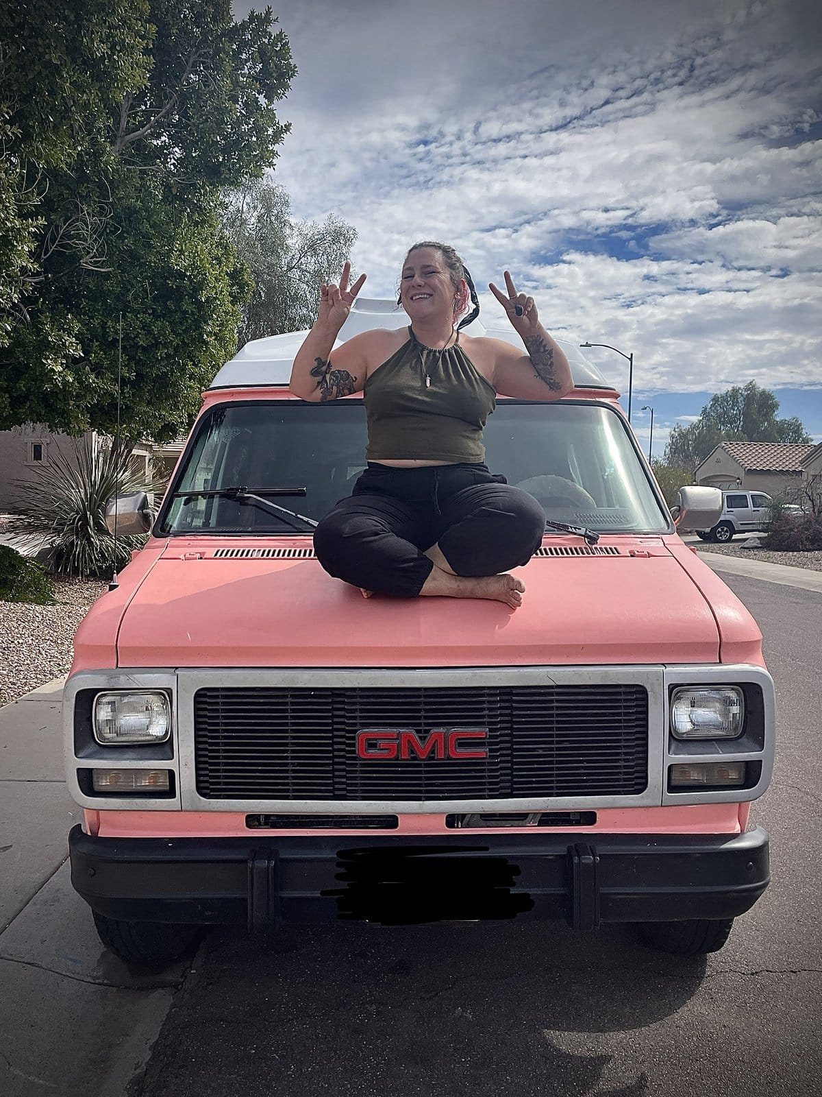 Lindsay Aman and her pink van Birdie